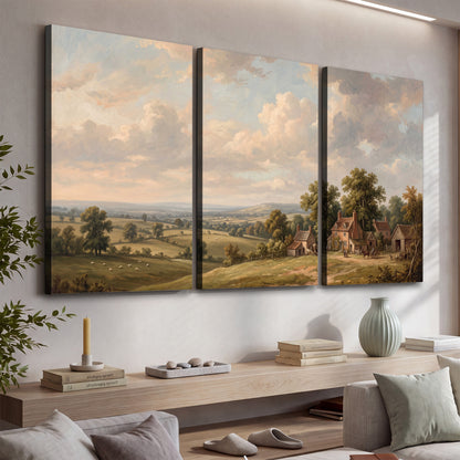 Small cottages overlooking fields beneath a luminous cloudy sky 3 piece canvas wall art displayed in a console