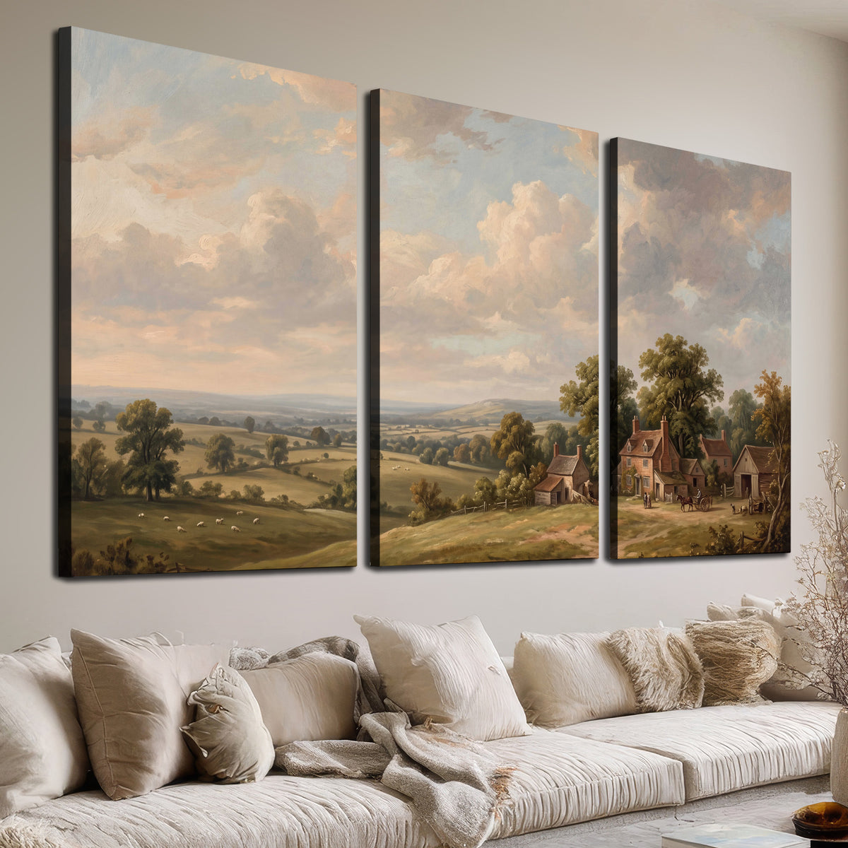 Small cottages overlooking fields beneath a luminous cloudy sky 3 piece canvas wall art room and product view
