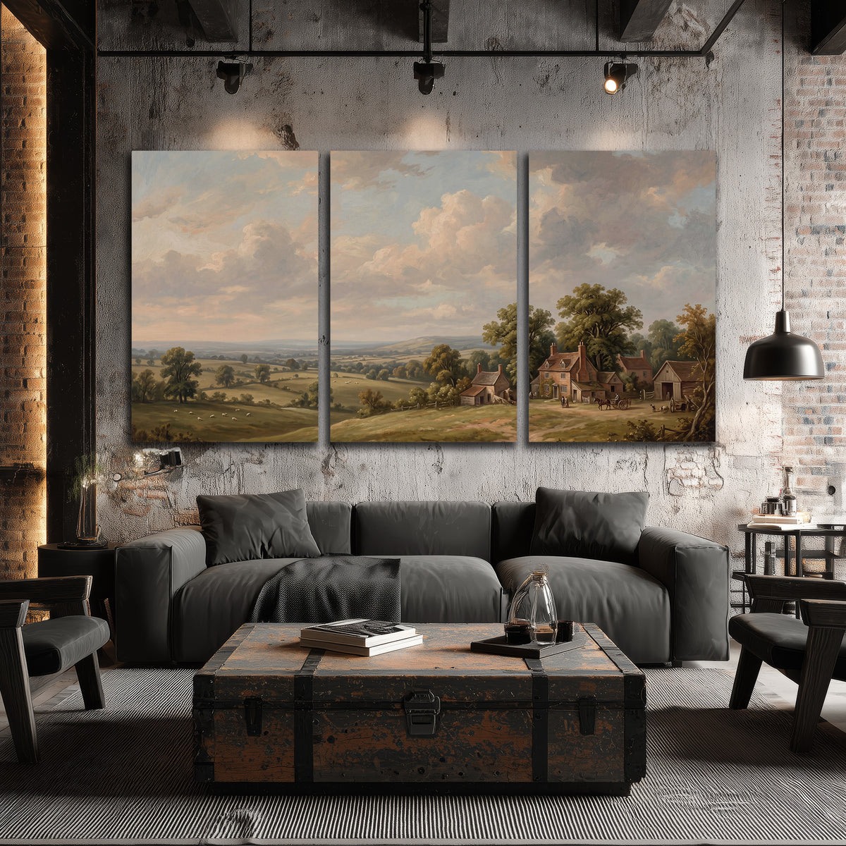 Small cottages overlooking fields beneath a luminous cloudy sky 3 piece canvas wall art displayed in a industrial room