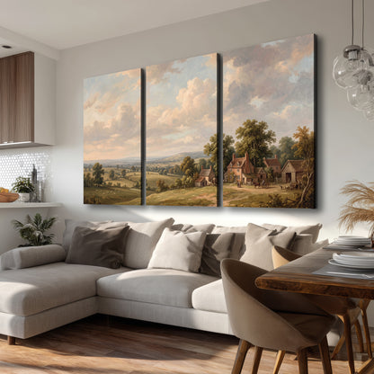 Small cottages overlooking fields beneath a luminous cloudy sky 3 piece canvas wall art room and product view