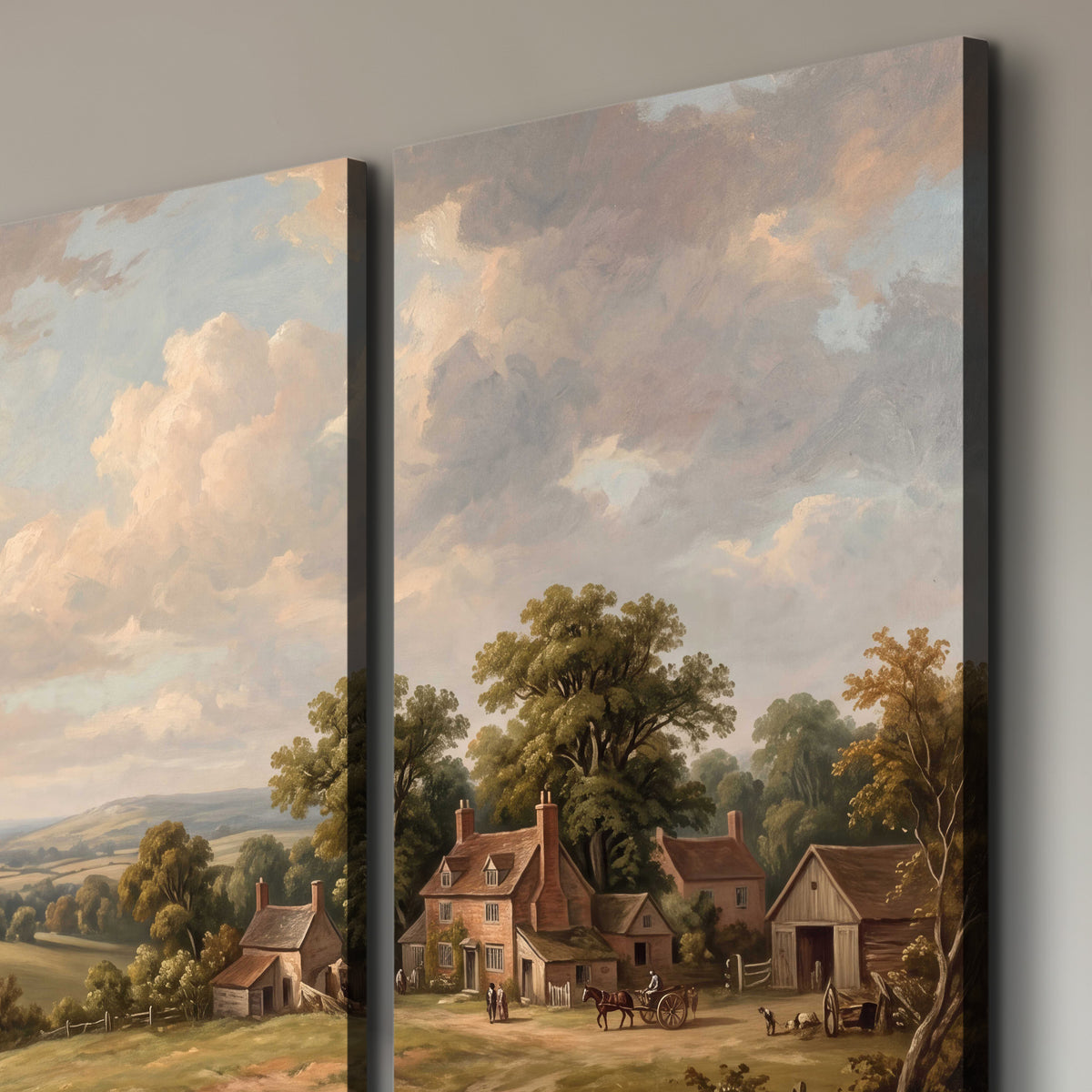 Small cottages overlooking fields beneath a luminous cloudy sky 3 piece canvas wall art room and product view