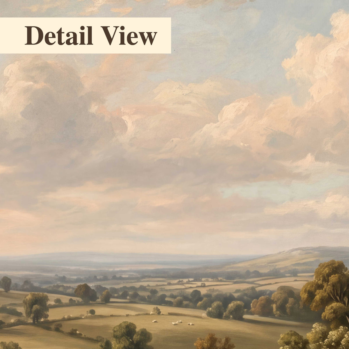 Small cottages overlooking fields beneath a luminous cloudy sky 3 piece canvas wall art artwork detail close up