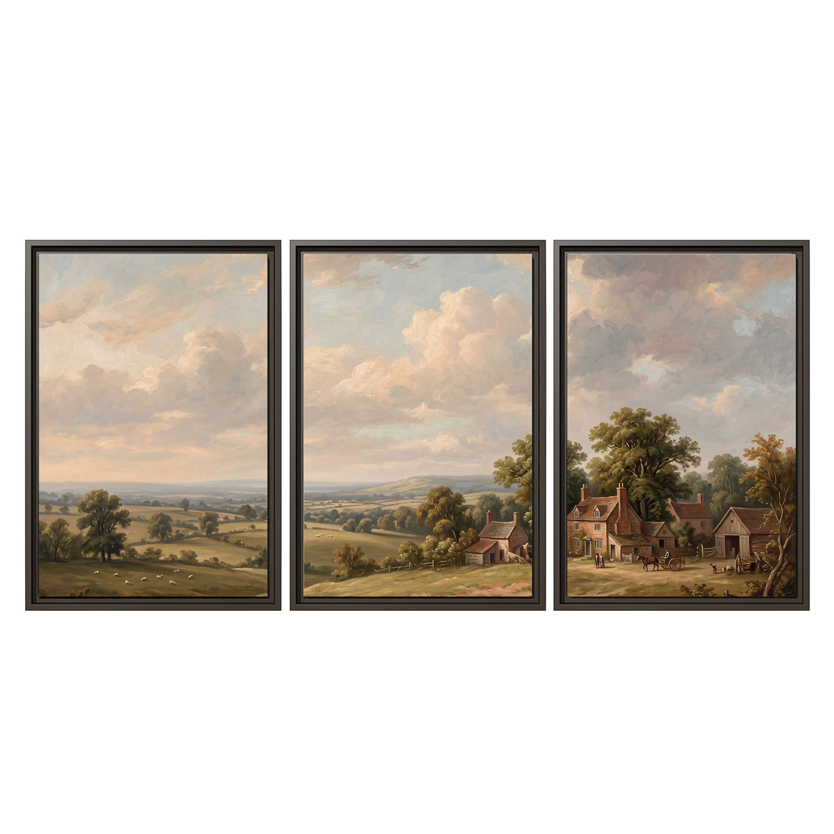 Small cottages overlooking fields beneath a luminous cloudy sky 3 piece framed canvas wall art viewed straight on