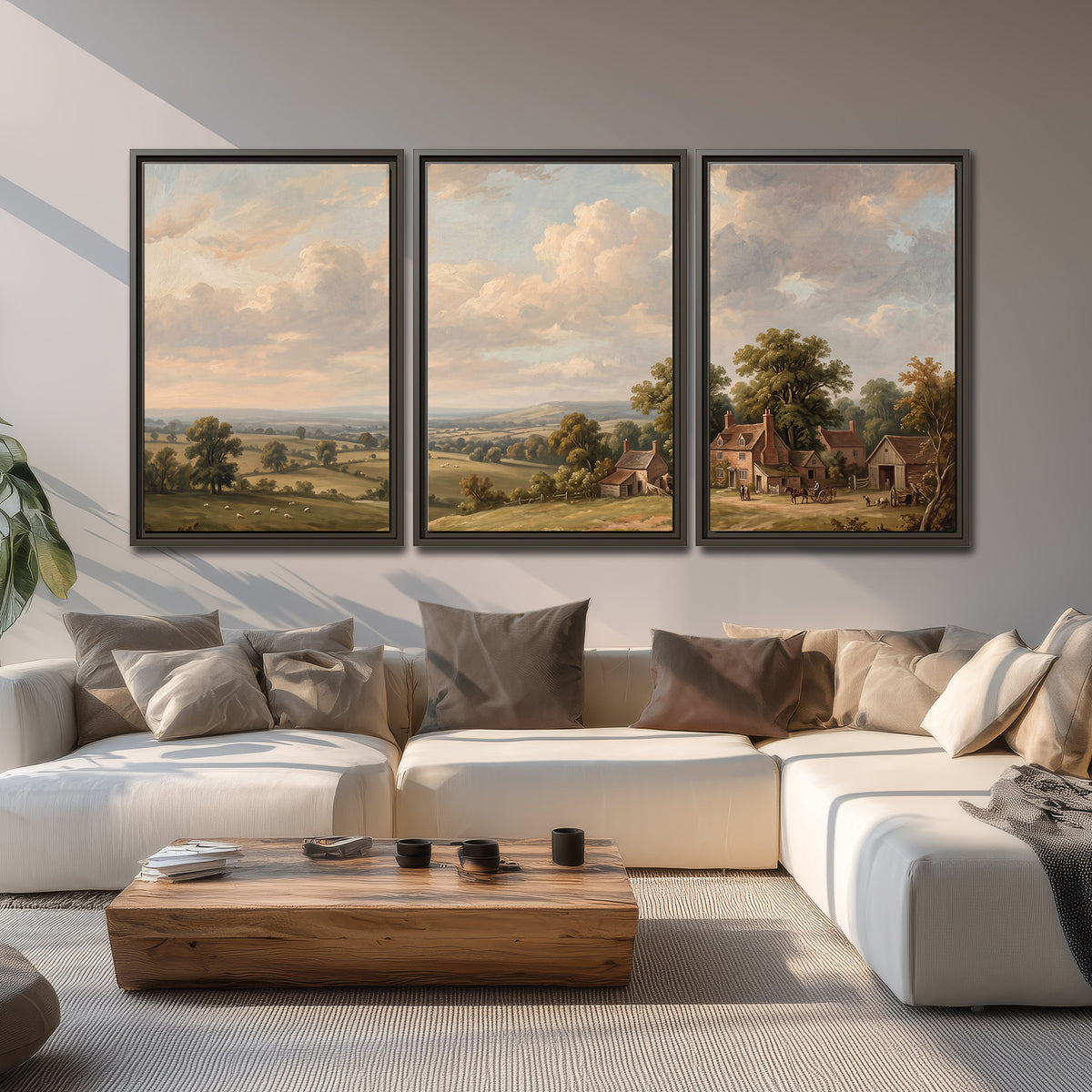 Small cottages overlooking fields beneath a luminous cloudy sky 3 piece framed canvas wall art displayed in a living room