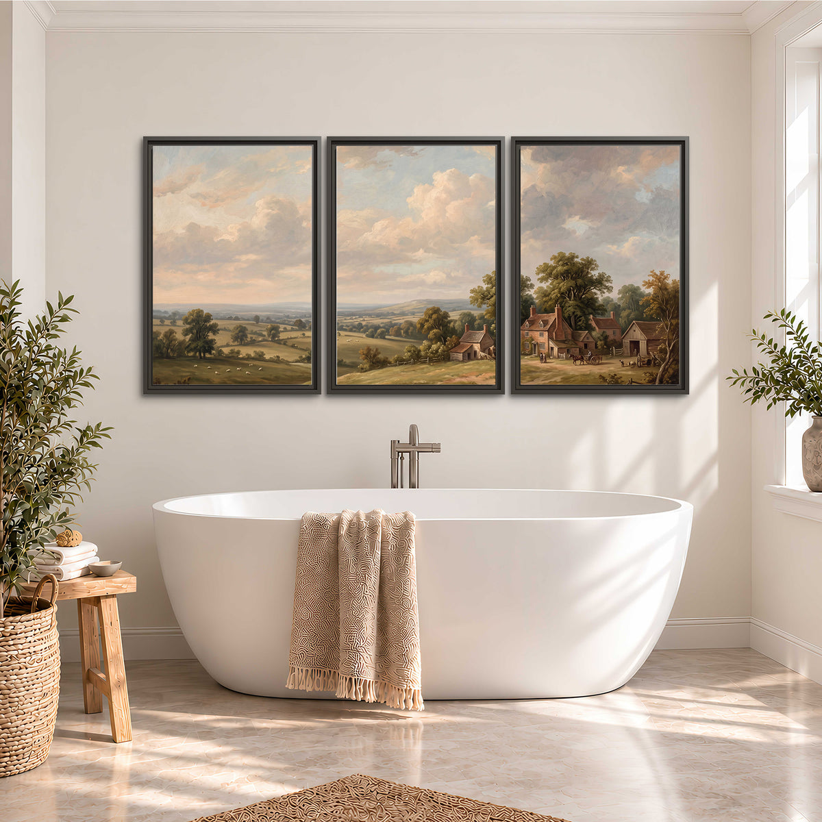 Small cottages overlooking fields beneath a luminous cloudy sky 3 piece framed canvas wall art styled in an interior