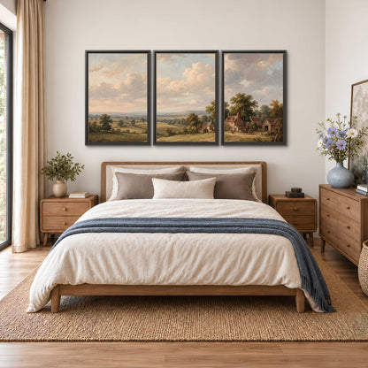 Small cottages overlooking fields beneath a luminous cloudy sky 3 piece framed canvas wall art styled in an interior