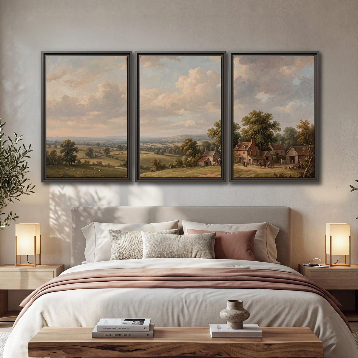 Small cottages overlooking fields beneath a luminous cloudy sky 3 piece framed canvas wall art displayed in a bedroom