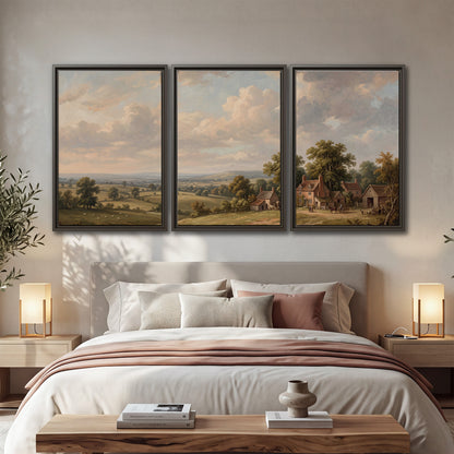 Small cottages overlooking fields beneath a luminous cloudy sky 3 piece framed canvas wall art displayed in a bedroom