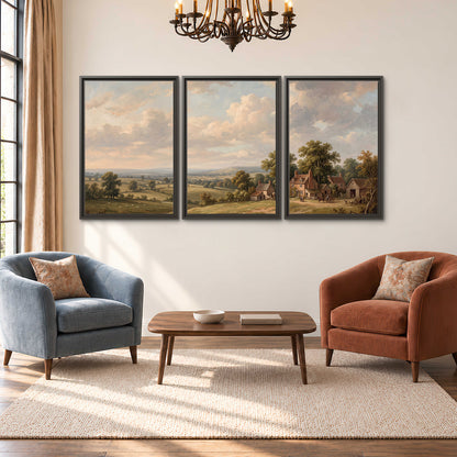 Small cottages overlooking fields beneath a luminous cloudy sky 3 piece framed canvas wall art styled in an interior
