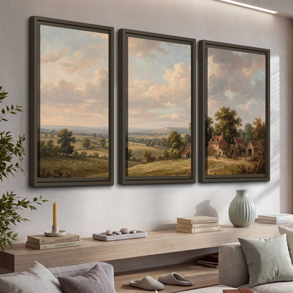 Small cottages overlooking fields beneath a luminous cloudy sky 3 piece framed canvas wall art displayed in a console