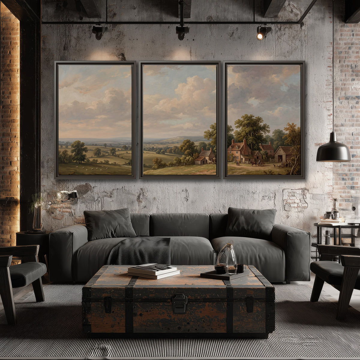 Small cottages overlooking fields beneath a luminous cloudy sky 3 piece framed canvas wall art displayed in a industrial room