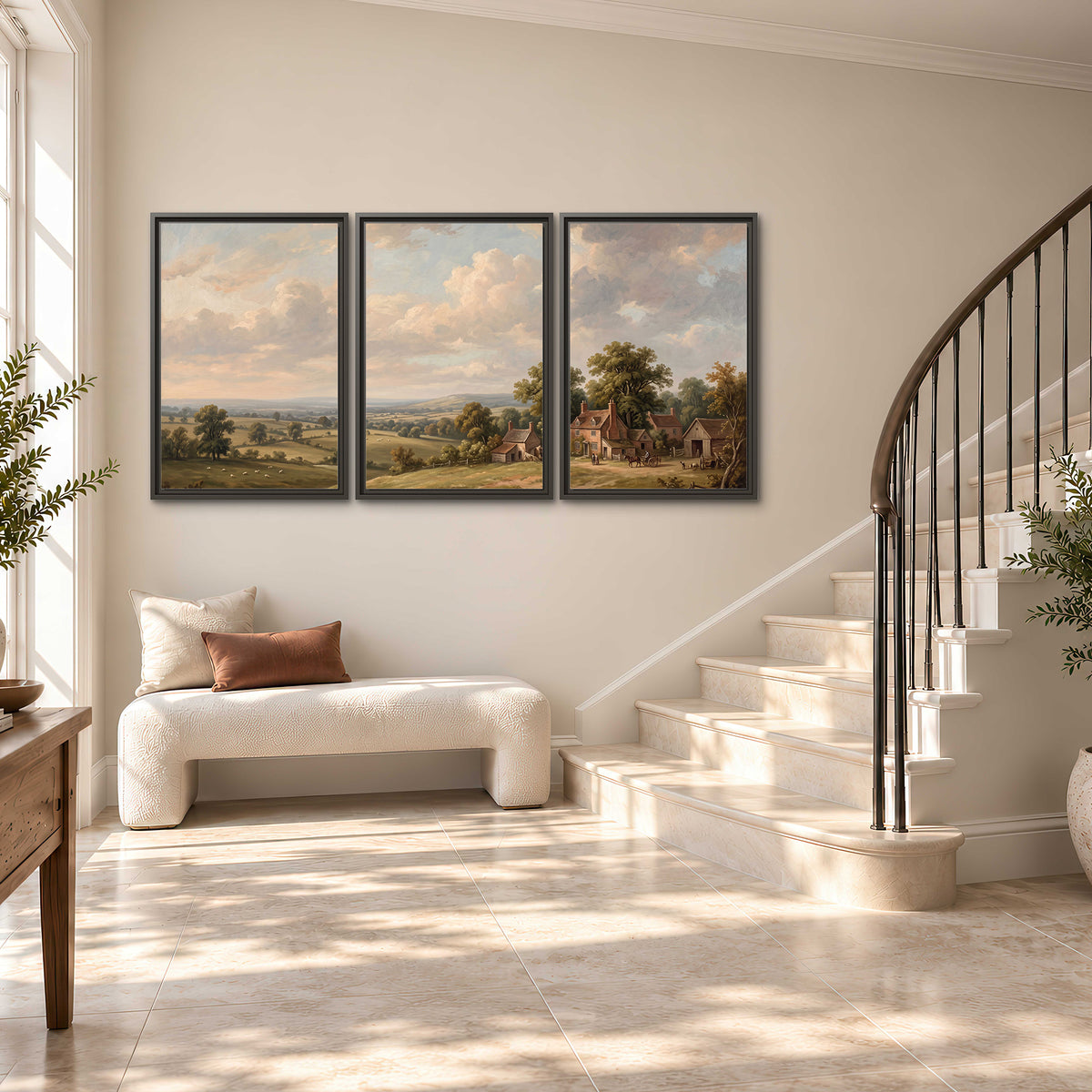 Small cottages overlooking fields beneath a luminous cloudy sky 3 piece framed canvas wall art styled in an interior