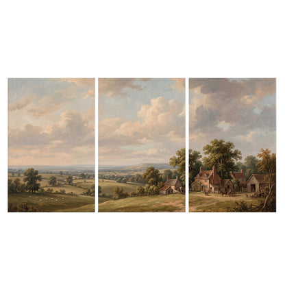 Small cottages overlooking fields beneath a luminous cloudy sky set of 3 poster prints viewed straight on