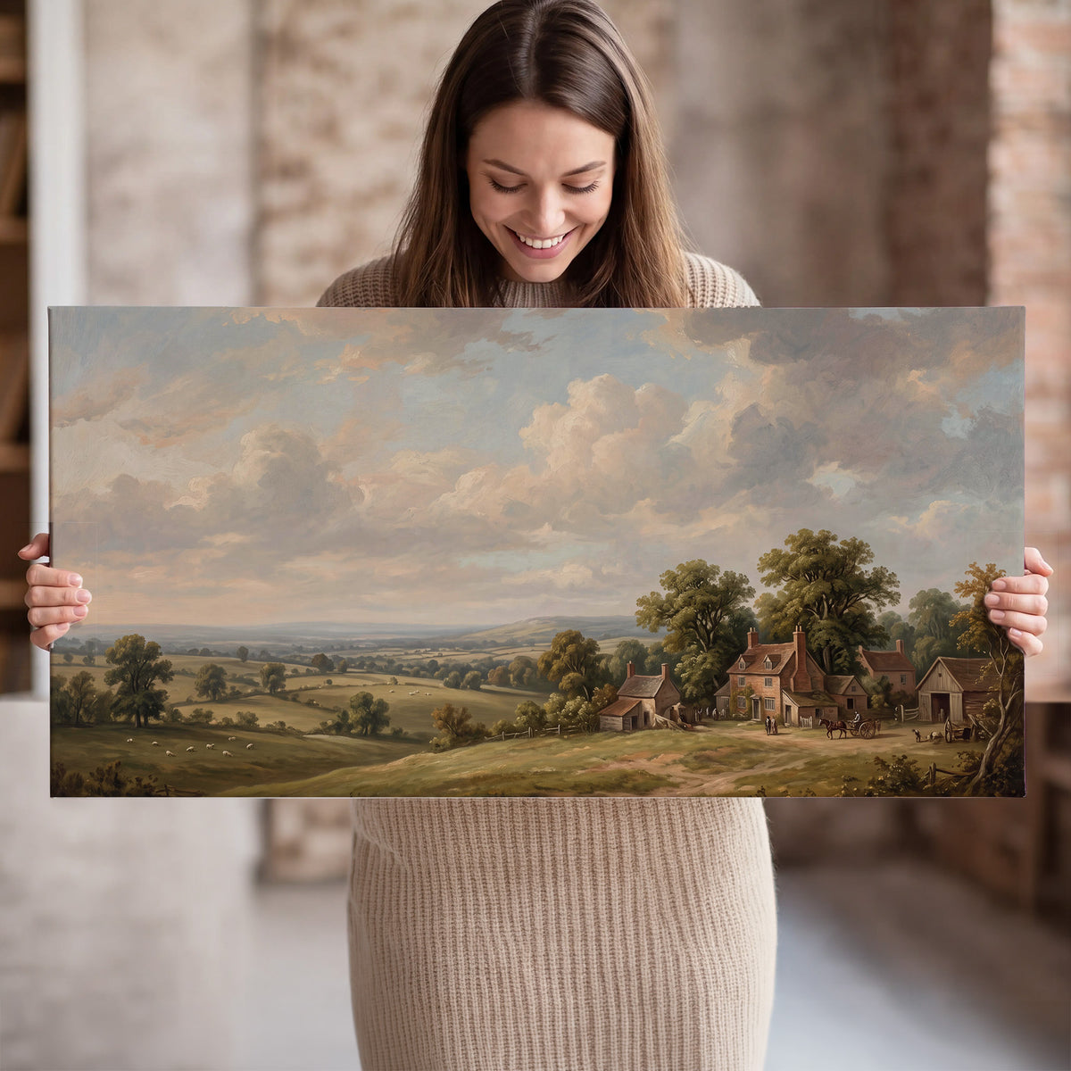 Small cottages overlooking fields beneath a luminous cloudy sky single canvas wall art held in hands