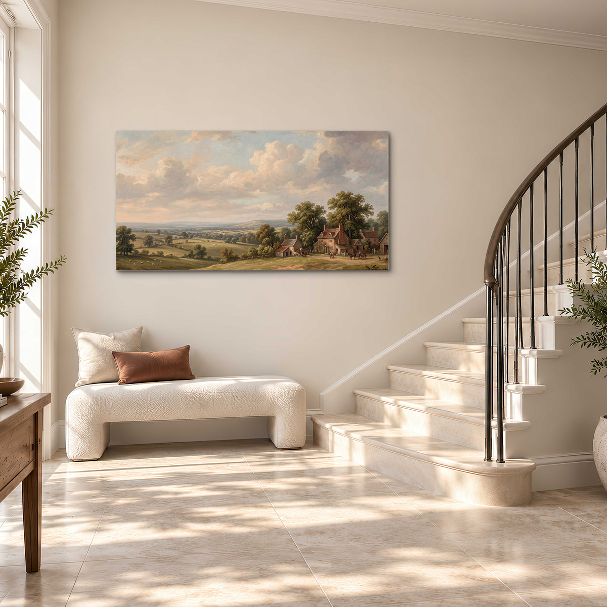 Small cottages overlooking fields beneath a luminous cloudy sky single canvas wall art styled in an interior
