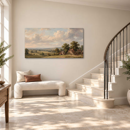 Small cottages overlooking fields beneath a luminous cloudy sky single canvas wall art styled in an interior