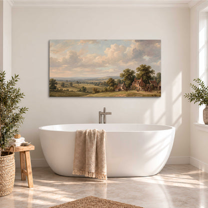 Small cottages overlooking fields beneath a luminous cloudy sky single canvas wall art styled in an interior