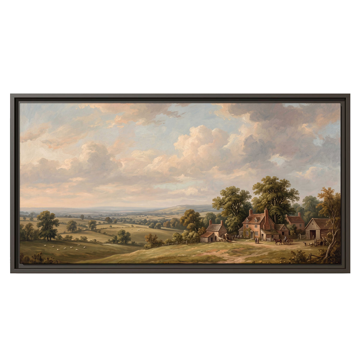 Small cottages overlooking fields beneath a luminous cloudy sky single framed canvas wall art viewed straight on