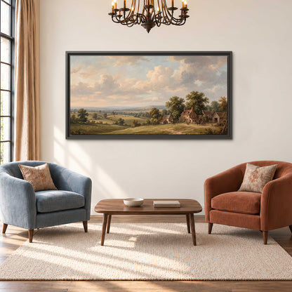 Small cottages overlooking fields beneath a luminous cloudy sky single framed canvas wall art styled in an interior