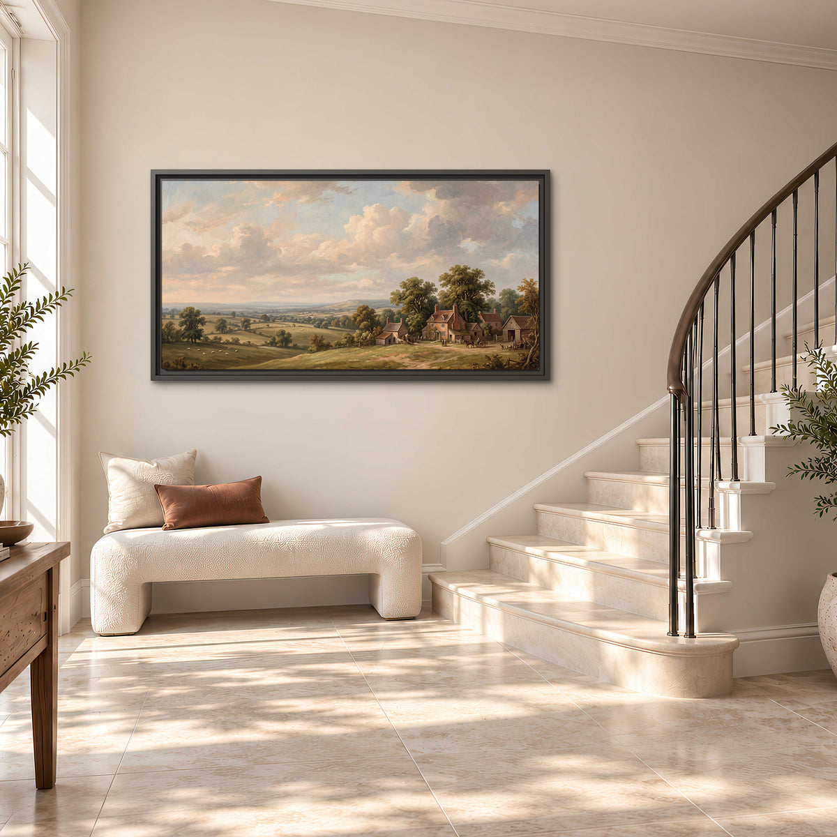 Small cottages overlooking fields beneath a luminous cloudy sky single framed canvas wall art styled in an interior