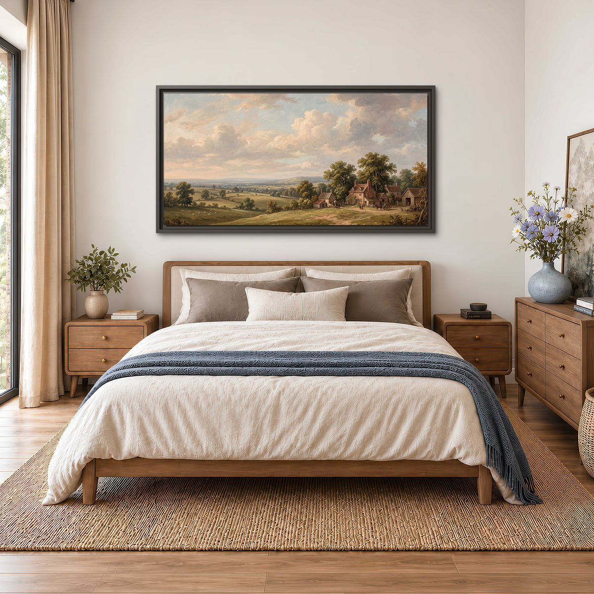 Small cottages overlooking fields beneath a luminous cloudy sky single framed canvas wall art styled in an interior