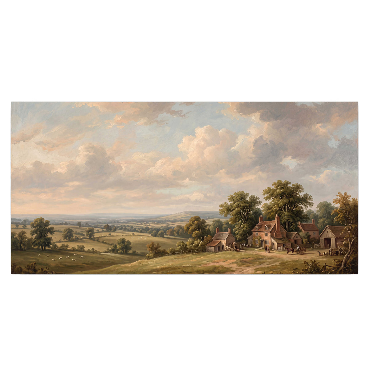 Small cottages overlooking fields beneath a luminous cloudy sky single poster print viewed straight on