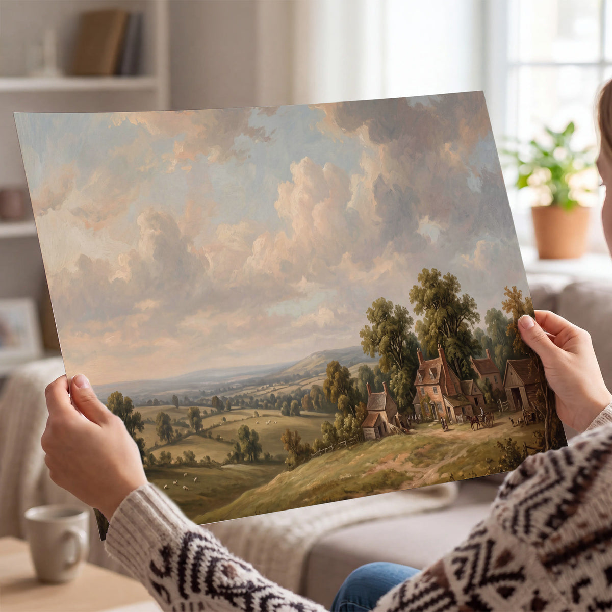 Small cottages overlooking fields beneath a luminous cloudy sky single poster print held in hands