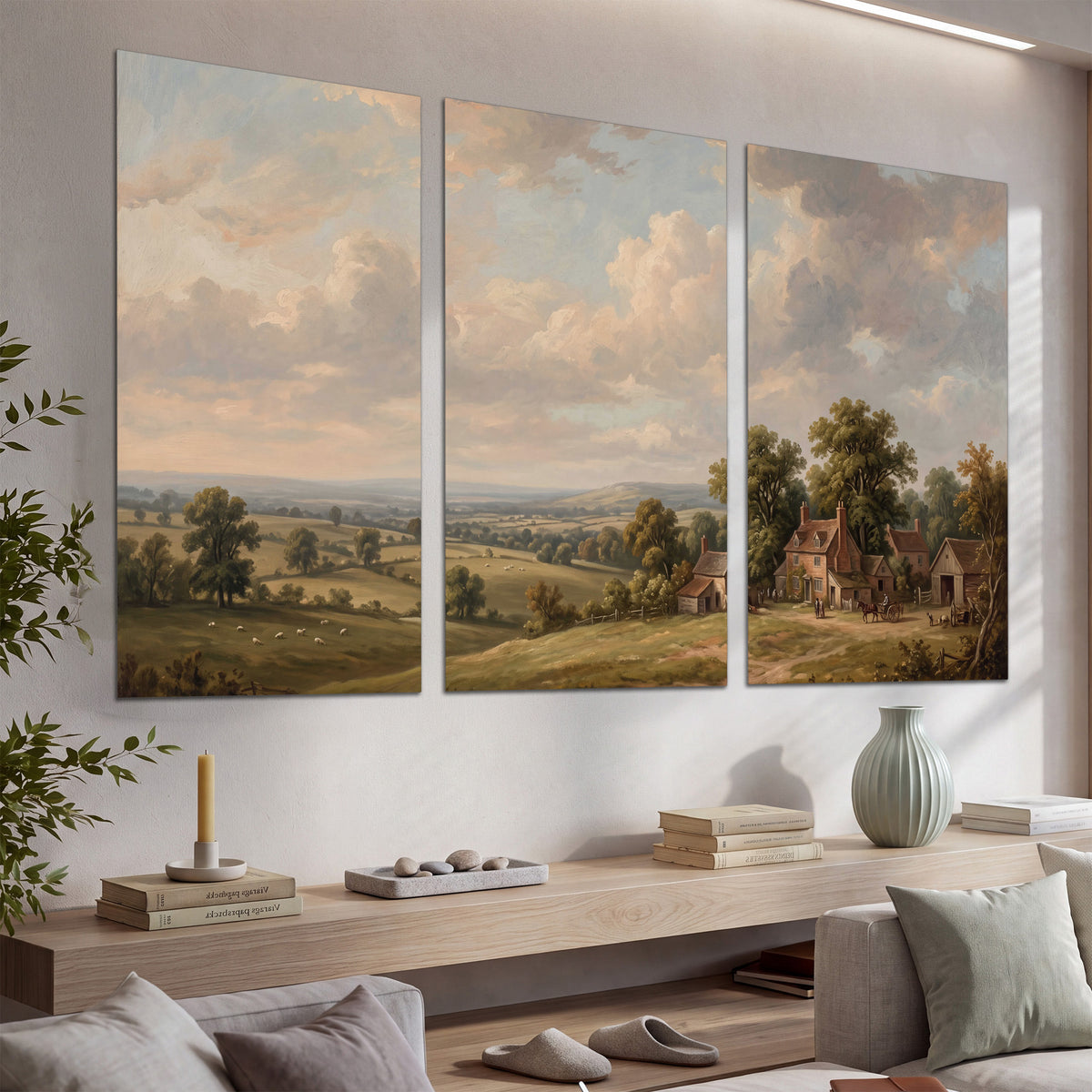 Small cottages overlooking fields beneath a luminous cloudy sky set of 3 poster prints displayed in a console