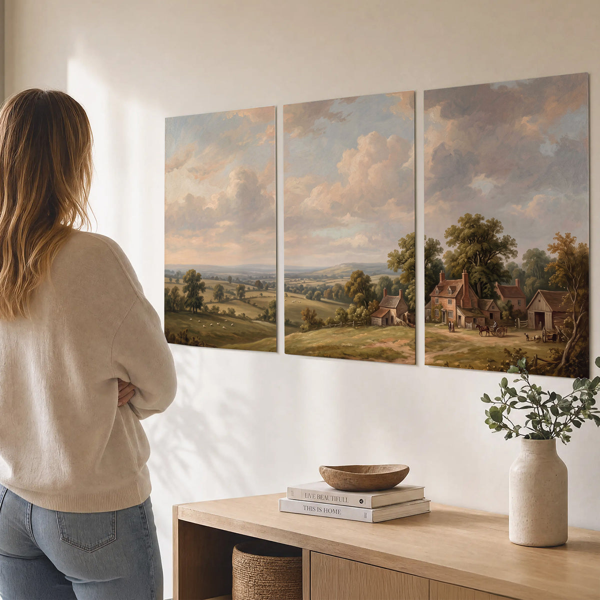 Small cottages overlooking fields beneath a luminous cloudy sky set of 3 poster prints three panel arrangement on a wall