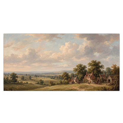 Small cottages overlooking fields beneath a luminous cloudy sky single canvas wall art viewed straight on