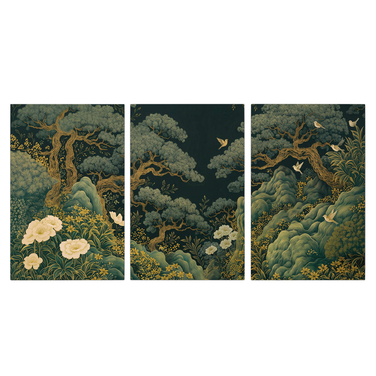 Decorative green trees, rocks, flowers and small birds 3 piece canvas wall art viewed straight on