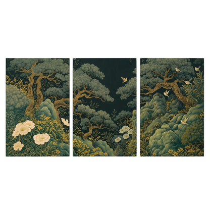 Decorative green trees, rocks, flowers and small birds 3 piece canvas wall art viewed straight on