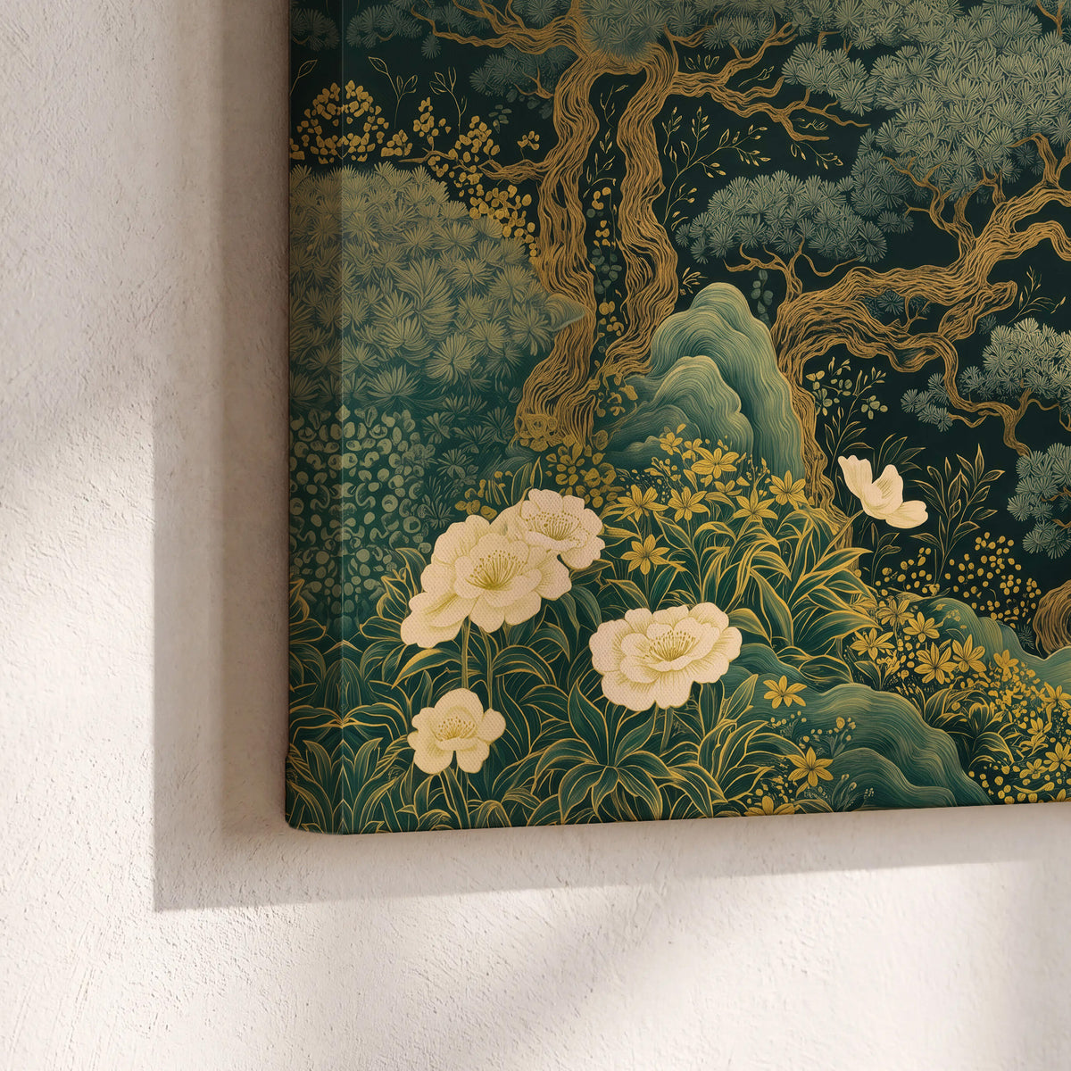 Decorative green trees, rocks, flowers and small birds 3 piece canvas wall art material and edge close up