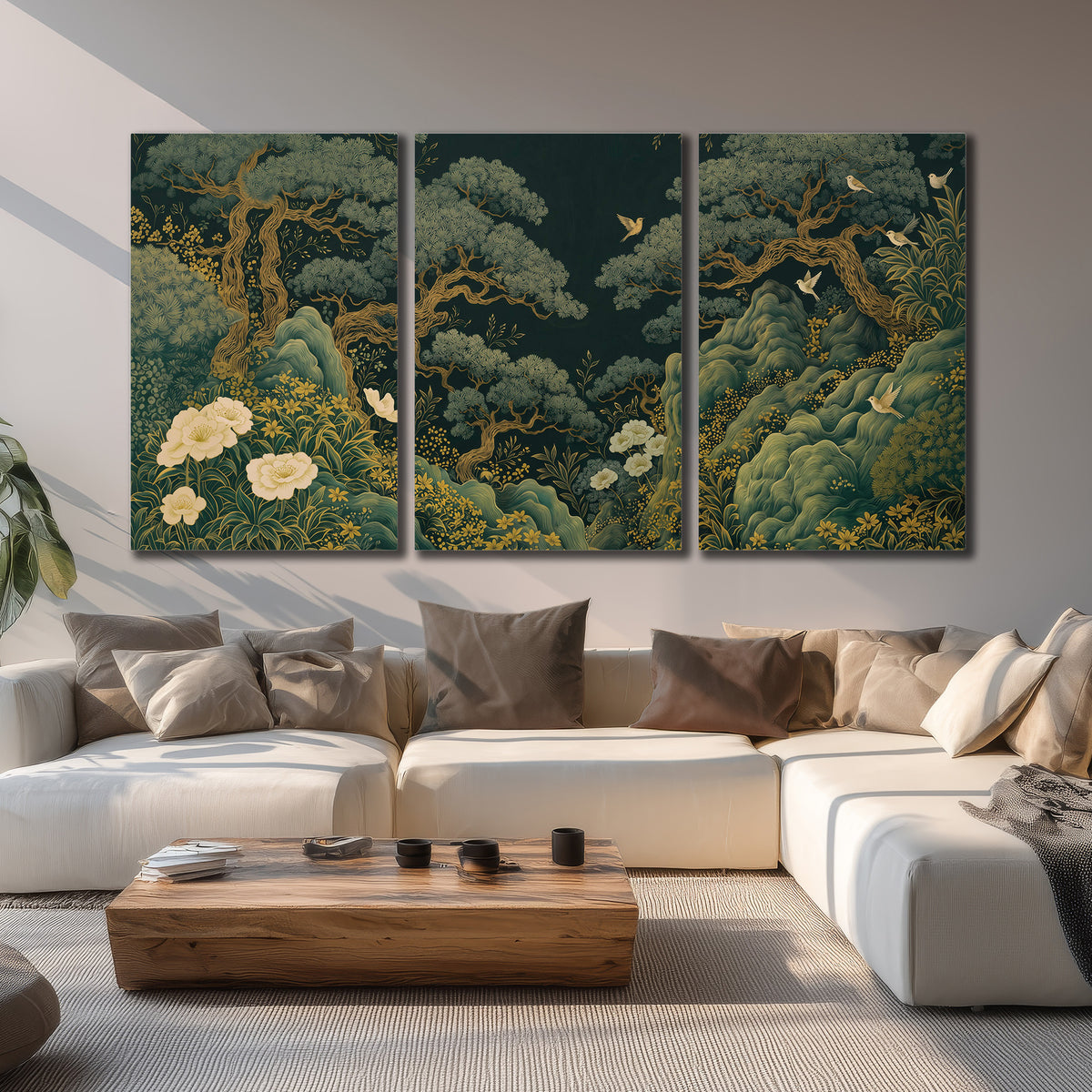 Decorative green trees, rocks, flowers and small birds 3 piece canvas wall art displayed in a living room