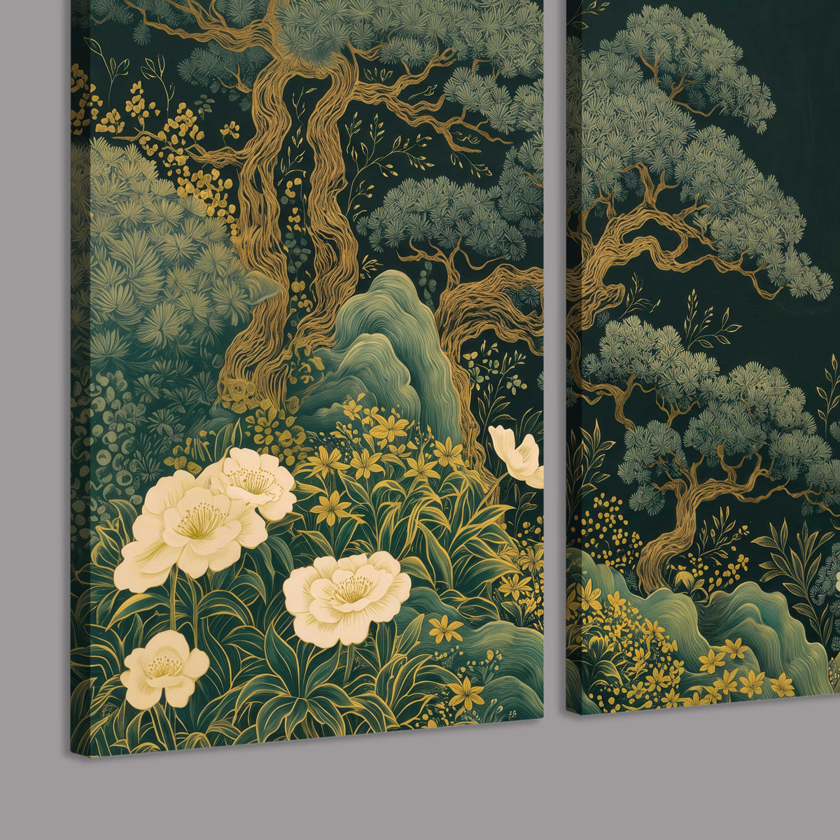 Decorative green trees, rocks, flowers and small birds 3 piece canvas wall art room and product view