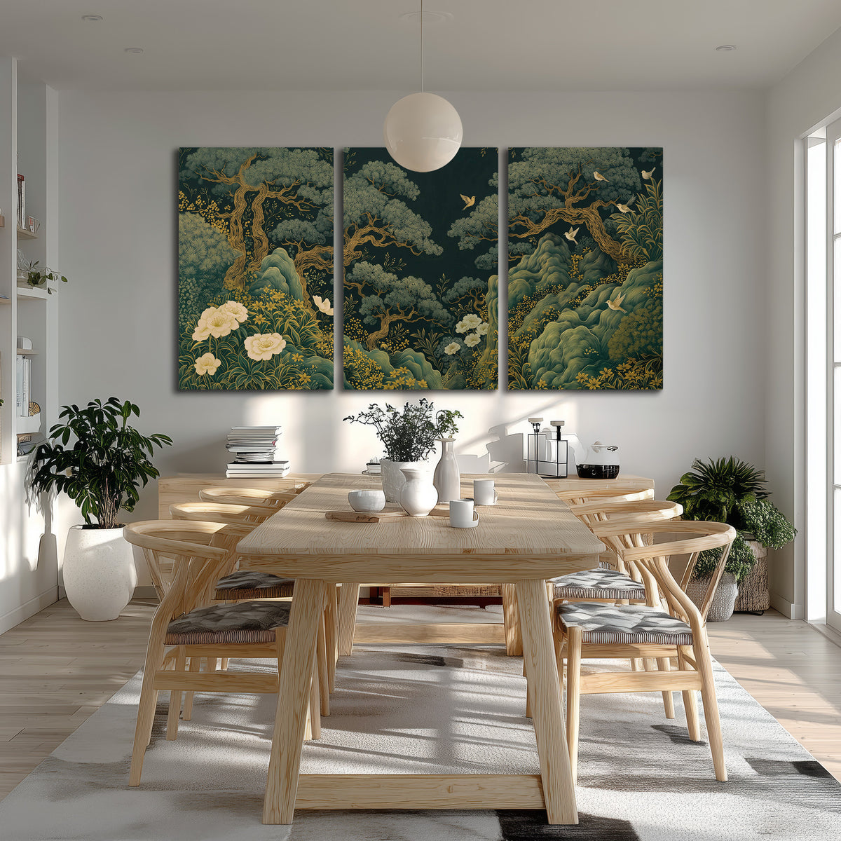 Decorative green trees, rocks, flowers and small birds 3 piece canvas wall art room and product view
