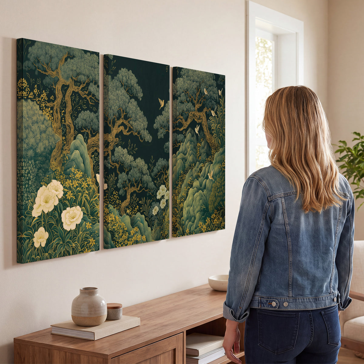 Decorative green trees, rocks, flowers and small birds 3 piece canvas wall art three panel arrangement on a wall