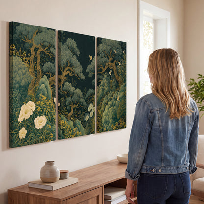 Decorative green trees, rocks, flowers and small birds 3 piece canvas wall art three panel arrangement on a wall