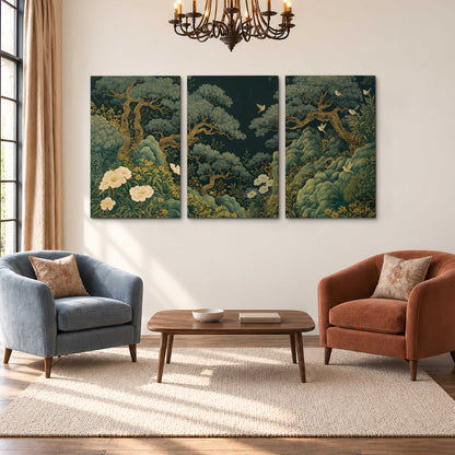Decorative green trees, rocks, flowers and small birds 3 piece canvas wall art styled in an interior