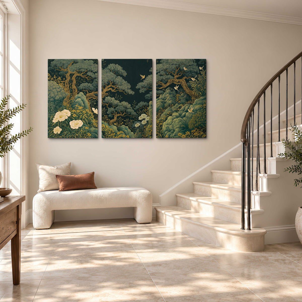 Decorative green trees, rocks, flowers and small birds 3 piece canvas wall art styled in an interior