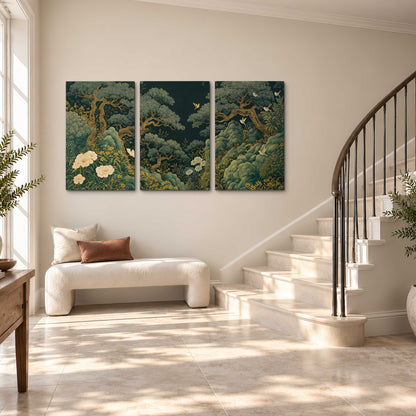 Decorative green trees, rocks, flowers and small birds 3 piece canvas wall art styled in an interior