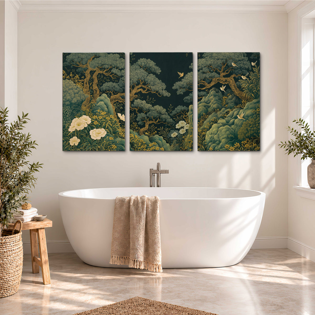 Decorative green trees, rocks, flowers and small birds 3 piece canvas wall art styled in an interior