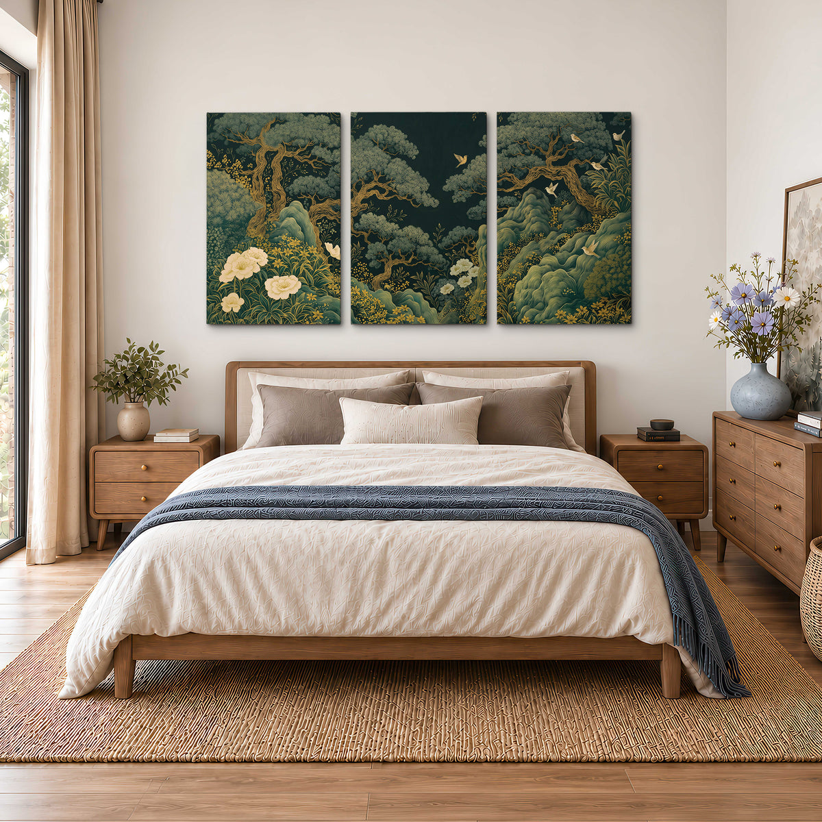 Decorative green trees, rocks, flowers and small birds 3 piece canvas wall art styled in an interior