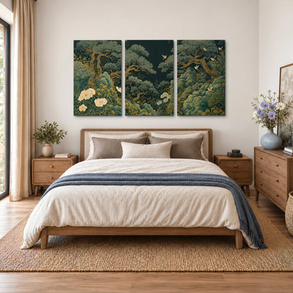 Decorative green trees, rocks, flowers and small birds 3 piece canvas wall art styled in an interior