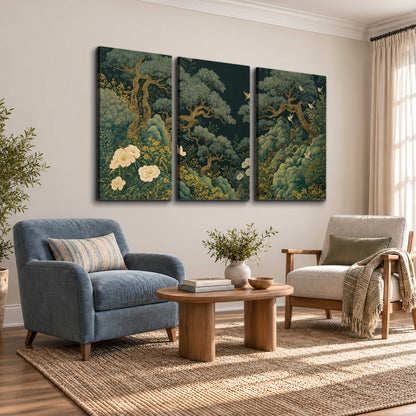 Decorative green trees, rocks, flowers and small birds 3 piece canvas wall art styled in an interior
