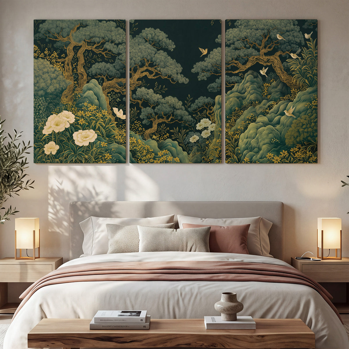 Decorative green trees, rocks, flowers and small birds 3 piece canvas wall art displayed in a bedroom