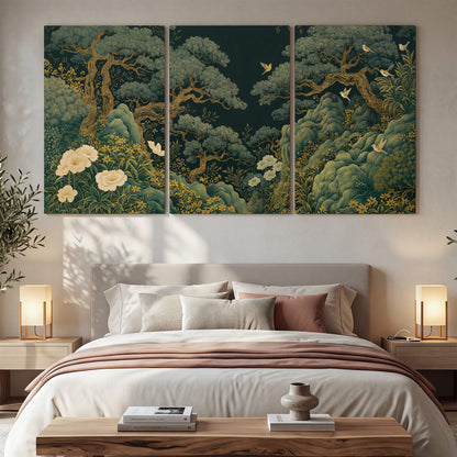 Decorative green trees, rocks, flowers and small birds 3 piece canvas wall art displayed in a bedroom