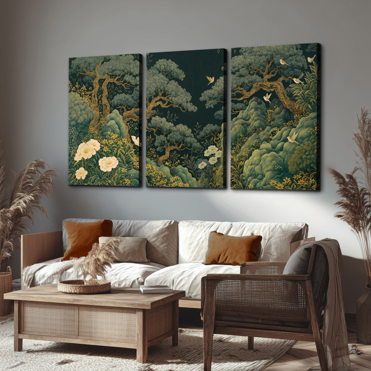 Decorative green trees, rocks, flowers and small birds 3 piece canvas wall art displayed in a rustic living room