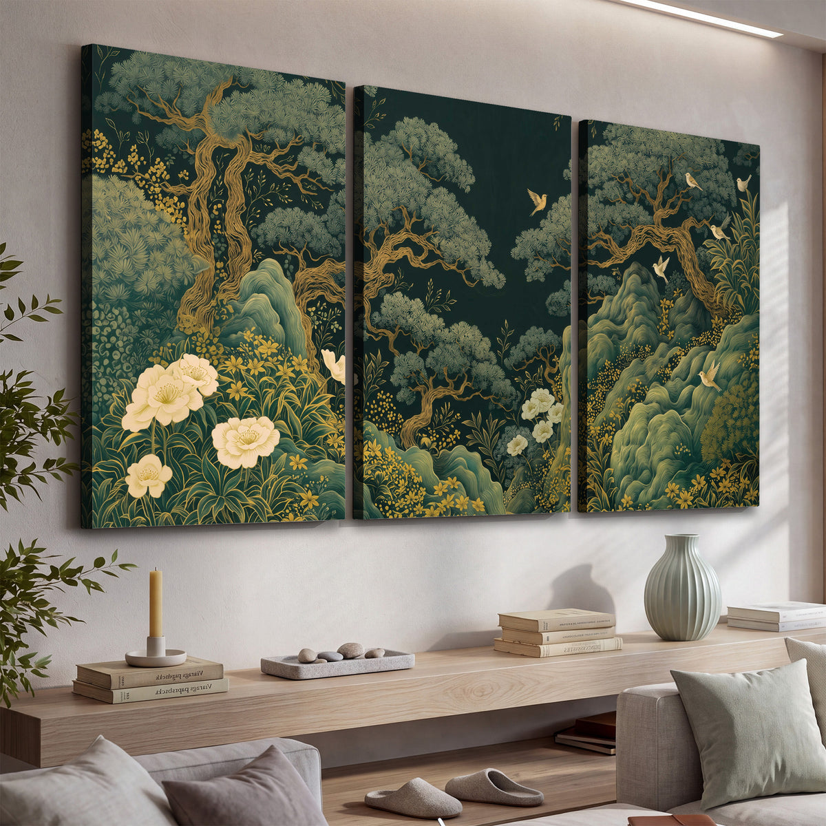 Decorative green trees, rocks, flowers and small birds 3 piece canvas wall art displayed in a console