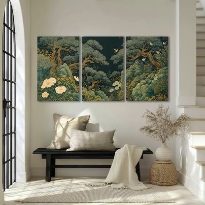 Decorative green trees, rocks, flowers and small birds 3 piece canvas wall art displayed in a entryway
